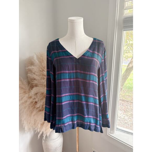 LOFT Blue Plaid Swing Top Size XS Flare Sleeve Cabincore - Picture 3 of 9